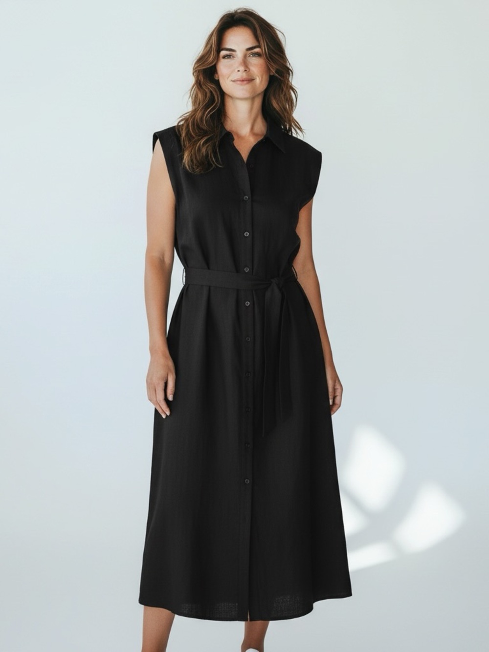 New English Factory Black Sleeveless Button-Front Midi Dress with Waist Tie M